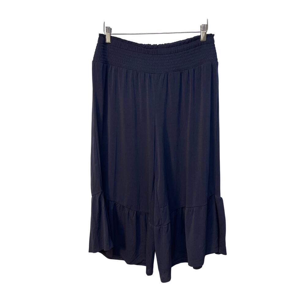 Cato Womens Navy Blue Smocked Waist Ruffle Hem Wide Leg Cropped Pants Size M